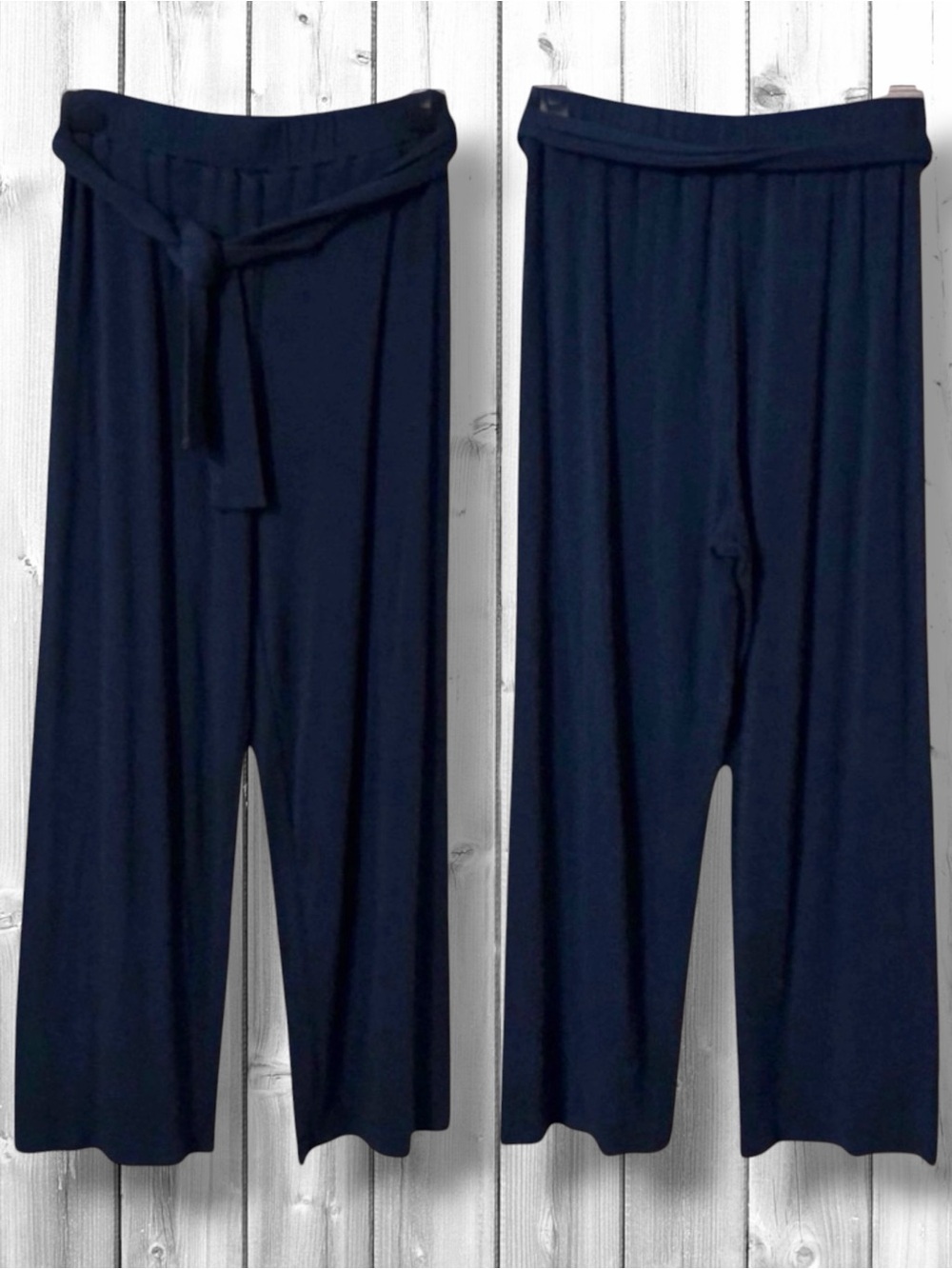 🌸MOTF NAVY ELASTIC WAIST RIBBED FLOWY COMFY BELTED PANTS